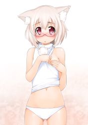 Rule 34 | 1girl, animal ears, bare shoulders, bespectacled, blush, breast slip, breasts, covering privates, covering breasts, embarrassed, female focus, glasses, gluteal fold, inubashiri momiji, midriff, navel, no headwear, no pants, one breast out, panties, pink-framed eyewear, red eyes, short hair, silver hair, sleeveless, sleeveless turtleneck, small breasts, solo, terazip, touhou, turtleneck, underwear, white panties, wolf ears
