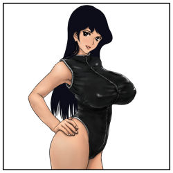 Rule 34 | 1girl, alternate hair color, black hair, breasts, cameltoe, covered erect nipples, diving suit, hand on own hip, highleg, large breasts, lipstick, lupin iii, makeup, mine fujiko, parted lips, rapanda, simple background, solo, standing, teeth, tms entertainment, white background, zipper