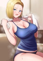 Rule 34 | 1girl, absurdres, android 18, blonde hair, blue camisole, blue eyes, bob cut, breasts, camisole, cleavage, commentary request, couch, dragon ball, dragonball z, forehead, highres, holding, holding towel, kiteman442, large breasts, on couch, open mouth, panties, short hair, sitting, solo, steaming body, sweat, thighs, towel, towel around neck, underwear