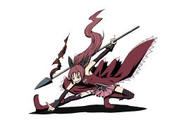 Rule 34 | 10s, 1girl, arm warmers, boots, bow, fighting stance, full body, hair bow, highres, holding, karu (ishiken), legs apart, long hair, mahou shoujo madoka magica, mahou shoujo madoka magica (anime), polearm, ponytail, red eyes, red hair, sakura kyoko, sharp teeth, simple background, solo, spear, teeth, thighhighs, weapon, white background, wide stance
