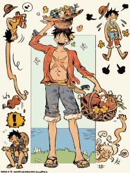 Rule 34 | :d, arm up, basket, black hair, chibi, chibi inset, flower, food, gear fifth, hand on headwear, happy, happy birthday, hat, hat basket, highres, holding, holding basket, holding clothes, holding hat, makenevemoiine, male focus, meat, monkey d. luffy, official alternate costume, one piece, open clothes, open mouth, open shirt, sandals, sash, scar, scar on chest, shorts, smile, straw hat, white hair