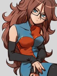 Rule 34 | 1girl, android 21, black nails, blue eyes, breasts, brown hair, checkered clothes, checkered dress, closed mouth, dragon ball, dragon ball fighterz, dress, earrings, grey background, hair between eyes, hoop earrings, jewelry, kemachiku, long hair, looking at viewer, medium breasts, nail polish, pantyhose, simple background, solo