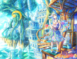 Rule 34 | 1girl, blue hair, breasts, bug, butterfly, cleavage, collarbone, green eyes, hand fan, insect, kutsunohito, looking at viewer, medium breasts, medium hair, original, outdoors, ribbon, scenery, solo, stairs, stool, tree, yellow ribbon