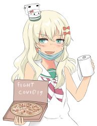 Rule 34 | 1girl, blonde hair, blush, coronavirus pandemic, dress, english text, food, grecale (kancolle), green eyes, hair ornament, hair ribbon, highres, kantai collection, long hair, looking at viewer, mask, mouth mask, open mouth, pizza, ribbon, rukialice, sailor dress, sleeveless, sleeveless dress, smile, tan, toilet paper, white dress