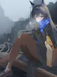 Rule 34 | 1girl, alternate costume, animal ear fluff, animal ears, arknights, bag, baguette, bench, black footwear, black gloves, black hair, black jacket, black pantyhose, black tail, blue eyes, blue scarf, blue skirt, blurry, blurry background, bread, breath, buttoned cuffs, buttons, chinese commentary, clear sky, closed mouth, cold, commentary request, crossed bangs, crossed legs, day, depth of field, drive shot, film grain, fog, food, from side, full body, gloves, grey sky, grocery bag, hair between eyes, hair flowing over, hands up, highres, jacket, layered sleeves, legs, legs up, loafers, long hair, long sleeves, looking at viewer, looking to the side, miniskirt, on bench, orange eyes, outdoors, own hands together, pantyhose, paper bag, partial commentary, plaid, plaid skirt, scarf, shiny clothes, shiny legwear, shoes, shopping bag, sitting, skirt, sky, solo, straight hair, swept bangs, tail, texas (arknights), thighs, two-tone eyes, very long hair, wolf ears, wolf girl, wolf tail