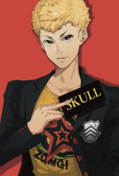 Rule 34 | 1boy, between fingers, black jacket, blazer, blonde hair, card, collarbone, commentary, english commentary, english text, eroka404, hand up, highres, holding, holding card, jacket, looking at viewer, male focus, open clothes, open jacket, parted lips, persona, persona 5, print shirt, red background, sakamoto ryuuji, school uniform, shirt, short hair, shuujin academy school uniform, simple background, solo, t-shirt, upper body, very short hair, yellow eyes, yellow shirt