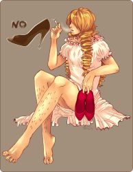Rule 34 | 1boy, barefoot, blonde hair, chibiaksus, cigarette, crossdressing, dress, drill hair, full body, hair over one eye, hairy legs, high heels, long hair, male focus, one piece, sanji (one piece), shoes, sitting, smoking, solo, swimsuit
