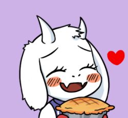 Rule 34 | 1girl, bad id, bad pixiv id, blush, blush stickers, chibi, closed eyes, eyelashes, fangs, food, furry, furry female, gyate gyate, heart, horns, lowres, monster, open mouth, oven mitts, pie, portrait, purple background, simple background, smile, solo, toriel, undertale, upper body, white hair, yaruky