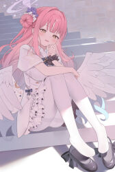 Rule 34 | 1girl, absurdres, angel wings, ass, black footwear, blue archive, blush, capelet, dress, feathered wings, flower, hair bun, hair flower, hair ornament, halo, highres, koba (kobako42), long hair, looking at viewer, mika (blue archive), open mouth, pantyhose, pink hair, pink halo, purple flower, shoes, single side bun, smile, solo, white capelet, white dress, white pantyhose, white wings, wings, yellow eyes