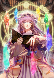 Rule 34 | 1girl, arms up, blurry, blurry background, blurry foreground, book, bookshelf, casting spell, chinese commentary, commentary request, cowboy shot, crescent, crescent hair ornament, crystal, depth of field, doku kobuko, double bun, dress, expressionless, fingernails, grimoire, hair bun, hair ornament, hair ribbon, hat, highres, holding, holding book, library, long hair, long sleeves, magic circle, mob cap, open book, parted lips, partial commentary, patchouli knowledge, pink hat, pink robe, purple dress, purple eyes, purple hair, ribbon, robe, sidelocks, solo, standing, striped clothes, striped dress, touhou, tress ribbon, very long hair