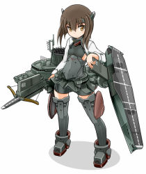 Rule 34 | 10s, 1girl, bike shorts, blush, bow (weapon), brown eyes, brown hair, crossbow, flat chest, headband, headgear, kantai collection, karukan (monjya), looking at viewer, open mouth, personification, pleated skirt, short hair, skirt, solo, taihou (kancolle), thighhighs, weapon