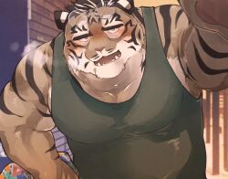Rule 34 | 1boy, animal ears, armpits, bara, black hair, blush, close-up, commentary request, drunk, eyewear on head, furry, furry male, green tank top, hand on own hip, highres, kabedon, long eyebrows, male focus, open mouth, orange eyes, orange fur, original, osukemo apartment (sawch cls), pectorals, photo background, reaching, reaching towards viewer, sawch cls, short hair, solo, sotoma kazuchika (sawch cls), tank top, thick arms, tiger boy, tiger ears, tiger stripes, two-tone fur, upper body, white fur, white hair