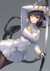Rule 34 | 1girl, aiguillette, arm up, azur lane, black pantyhose, blush, breasts, brown eyes, closed mouth, cuboon, dutch angle, gloves, grey background, hair flaps, holding, holding sword, holding weapon, large breasts, long hair, long sleeves, looking at viewer, military, military uniform, miniskirt, pantyhose, pleated skirt, ponytail, sheath, simple background, skirt, solo, sword, takao (azur lane), tsurime, uniform, unsheathing, very long hair, weapon, white gloves, white skirt