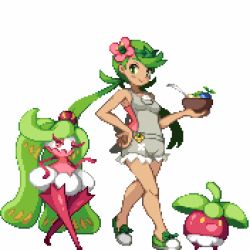 Rule 34 | 1girl, :d, bare arms, bare legs, bare shoulders, berry, berry (pokemon), blush, bounsweet, bowl, breasts, closed mouth, creatures (company), crossed legs, crown, dark-skinned female, dark skin, eyelashes, flower, full body, game freak, gen 7 pokemon, green eyes, green footwear, green hair, hair flower, hair ornament, half-closed eyes, hand on own hip, headband, holding, holding bowl, long hair, looking away, looking to the side, lowres, mallow (pokemon), medium breasts, mini crown, nintendo, open mouth, overalls, pixel art, pokemon, pokemon (creature), pokemon sm, red eyes, red thighhighs, shirokuro (oyaji), shoes, simple background, smile, spoon, standing, thighhighs, tri tails, trial captain, tsareena, twintails, walking, watson cross, white background