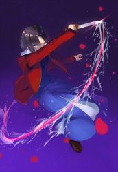 Rule 34 | 1girl, absurdres, blue eyes, blue kimono, boots, brown footwear, brown hair, full body, highres, holding, holding knife, ina (inadiary), jacket, japanese clothes, kara no kyoukai, kimono, knife, long sleeves, looking at viewer, open clothes, open jacket, petals, purple background, red jacket, ryougi shiki, short hair, solo