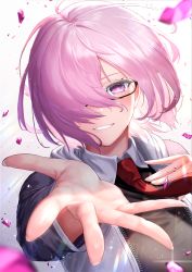 Rule 34 | 1girl, black dress, blush, breasts, dress, fate/grand order, fate (series), foreshortening, glasses, grey jacket, hair over one eye, jacket, large breasts, light purple hair, long sleeves, looking at viewer, mash kyrielight, necktie, open clothes, open jacket, outstretched arm, purple eyes, red neckwear, short hair, smile, suraimu (suraimuraimu)