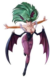Rule 34 | 1girl, absurdres, animal print, anime coloring, armpits, artist request, bare shoulders, bat print, bat wings, black footwear, boots, breasts, bridal gauntlets, capcom, cleavage, demon girl, elbow gloves, female focus, floating hair, full body, gloves, green eyes, green hair, head wings, highres, large breasts, legs, leotard, long hair, long legs, matching hair/eyes, morrigan aensland, official art, outstretched arms, pantyhose, patterned legwear, print pantyhose, project x zone, purple pantyhose, shoes, simple background, solo, spread arms, standing, standing on one leg, thigh gap, thighs, vampire (game), white background, wings