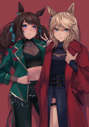 Rule 34 | 2girls, absurdres, alternate costume, animal ears, aqua nails, belt, blonde hair, bow, brown hair, chain, coat, commentary, ear bow, ear ornament, english commentary, floral print, fuyukayui, gold chain, gold city (umamusume), gold trim, green eyes, green jacket, hair ribbon, halterneck, highres, horse ears, horse girl, horseshoe ornament, jacket, jewelry, long hair, looking at viewer, midriff, multiple belts, multiple girls, nail polish, navel, purple eyes, red background, red coat, ribbon, ring, rose print, see-through, thigh strap, tosen jordan (umamusume), twintails, umamusume, v