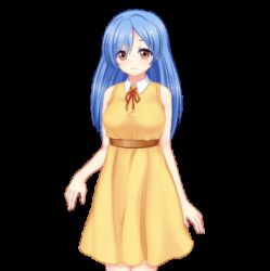Rule 34 | 1girl, animated, animated gif, ayako ryuugasaki, blue hair, breasts, brown eyes, censored, collar, complets, dress, closed eyes, large breasts, long hair, lowres, mosaic censoring, navel, nipples, nude, pussy, shin yagai gakushuu ~nudist camp hen~, shy, solo, standing, teacher, undressing, yellow dress