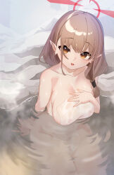Rule 34 | 1girl, absurdres, blue archive, blush, breasts, brown eyes, chinatsu (blue archive), chinatsu (hot spring) (blue archive), cleavage, halo, highres, large breasts, light brown hair, long hair, naked towel, onsen, open mouth, partially submerged, pointy ears, red halo, smile, solo, towel, u-st (uweiter), water, white towel