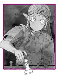 Rule 34 | 1girl, armor, board game, border, chamchi, chess, chess piece, circlet, earrings, elbow gloves, facing viewer, gloves, greyscale, jewelry, long hair, looking at viewer, monochrome, nintendo, no mouth, pauldrons, pointy ears, princess zelda, purple border, shoulder armor, solo, spot color, the legend of zelda, the legend of zelda: ocarina of time, triforce earrings, upper body, white border, wide-eyed