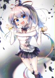 Rule 34 | 1girl, :d, adapted costume, bare shoulders, black footwear, black skirt, blue eyes, blush, commentary request, grey background, grey hair, headset, highres, itsumizu, looking at viewer, medium hair, mononobe no futo, open mouth, pleated skirt, ponytail, ribbon-trimmed sleeves, ribbon trim, skirt, smile, solo, touhou