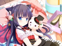 Rule 34 | 1girl, :t, animal ears, black bow, black footwear, black hair, black hat, black skirt, blue eyes, blush, bow, cat ears, closed mouth, commentary request, flower, frilled pillow, frills, hair bow, hat, heart, heart-shaped pillow, hugging object, long hair, official art, original, piano print, pillow, pink flower, pink rose, pout, puffy short sleeves, puffy sleeves, red bow, red shirt, rose, shirt, shiwasu horio, shoes, short sleeves, skirt, solo, star (symbol), striped, striped bow, stuffed animal, stuffed toy, teddy bear, top hat, very long hair, wooden floor