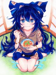 Rule 34 | 1girl, bangle, bare legs, barefoot, blue bow, blue eyes, blue hair, blue skirt, blue theme, blush, bow, bowl, bracelet, chopsticks, closed mouth, commentary request, debt, drawstring, eating, fisheye, food, food on face, from above, full body, hair between eyes, hand up, heart, heart-shaped pupils, highres, holding, hood, hoodie, indoors, jewelry, katsudon (food), kittona, long hair, looking at viewer, meat, millipen (medium), painting (medium), perspective, rice, sitting, skirt, smile, solo, stuffed animal, stuffed cat, stuffed toy, symbol-shaped pupils, touhou, traditional media, very long hair, wariza, watercolor (medium), watercolor pencil (medium), yorigami shion