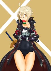 Rule 34 | 1girl, absurdres, ahoge, artoria pendragon (all), artoria pendragon (fate), blonde hair, braid, eating, excalibur (fate/stay night), fate/grand order, fate (series), food, fruit, glasses, graphite (medium), highres, jacket, looking at viewer, matuyan-ryu, mysterious heroine x alter (fate), mysterious heroine x alter (third ascension) (fate), one-piece swimsuit, orange eyes, saber (fate), school swimsuit, solo, swimsuit, thighs, traditional media, watermelon