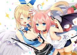 Rule 34 | 2girls, ;d, ahoge, angel wings, animal ear fluff, animal ears, arm up, armpits, asymmetrical legwear, bike shorts, black legwear, black shorts, black skirt, blonde hair, blue eyes, blue shirt, breasts, cat ears, choker, cleavage, cleavage cutout, clothing cutout, confetti, demon tail, demon wings, double v, elbow gloves, feathered wings, flat chest, gloves, hair bobbles, hair ornament, halo, hinata channel, kurot, large breasts, long hair, low twintails, midriff, miniskirt, mirai akari, mirai akari project, mismatched legwear, multiple girls, navel, nekomiya hinata, one eye closed, open mouth, orange legwear, pink hair, pulled by self, shirt, short shorts, shorts, shorts under skirt, simple background, skirt, sleeveless, sleeveless shirt, smile, striped clothes, striped legwear, striped thighhighs, suspenders, suspenders pull, tail, tank top, thighhighs, trait connection, twintails, v, very long hair, virtual youtuber, watch, waving, white background, white gloves, white tank top, wings, wristwatch