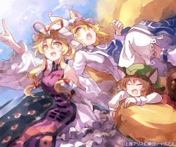 Rule 34 | 3girls, 60mai, :3, :d, animal ears, animal hat, arm grab, blonde hair, bow, brown hair, cat ears, cat tail, chen, closed eyes, d:, dress, earrings, fang, gradient background, hair between eyes, hair bow, hat, hat bow, hat with ears, index finger raised, jewelry, long sleeves, mob cap, multiple girls, multiple tails, nekomata, open mouth, outstretched arm, pointing, pointing up, red bow, sidelocks, sky, smile, socks, sunlight, tabard, tail, tail grab, touhou, watermark, white dress, wide sleeves, yakumo ran, yakumo yukari, yellow eyes
