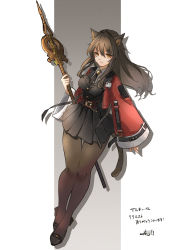 Rule 34 | absurdres, animal ear fluff, animal ears, arknights, black footwear, black jacket, black skirt, breasts, brown eyes, brown hair, brown pantyhose, cat ears, cat girl, cat tail, closed mouth, collared shirt, floating hair, full body, grey background, hair between eyes, harukan tiusu, highres, holding, holding polearm, holding weapon, jacket, long hair, long sleeves, looking at viewer, medium breasts, open clothes, open jacket, pantyhose, pleated skirt, polearm, red jacket, shirt, shoes, signature, skirt, skyfire (arknights), sleeves past wrists, smile, spear, tail, translation request, two-tone background, weapon, white background, white shirt, wide sleeves