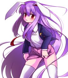 Rule 34 | 1girl, :&lt;, animal ears, blazer, blouse, blush, clothes lift, collared shirt, crescent, crescent pin, highres, jacket, long hair, long sleeves, looking at viewer, medium skirt, necktie, pink skirt, pleated skirt, purple hair, rabbit ears, red eyes, red necktie, reisen udongein inaba, shirt, skirt, skirt lift, solo, thighhighs, thighs, touhou, tyourou god, unbuttoned, very long hair, white background, white shirt, white thighhighs
