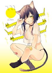Rule 34 | 1girl, ;d, animal ears, artist name, bandaid, bandaid on knee, bandaid on leg, bikini, bikini under clothes, black bikini, black choker, black hair, black nails, black socks, blush, cat day, cat ears, cat girl, cat tail, choker, collarbone, crop top, crop top overhang, dated, front-tie bikini top, front-tie top, gradient background, grin, hand up, head tilt, indian style, long hair, looking at viewer, nail polish, no shoes, one eye closed, open mouth, original, oshio (dayo), see-through, shirt, short sleeves, sitting, smile, socks, solo, stomach, swimsuit, tail, thighs, white shirt, yellow eyes