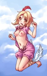 Rule 34 | 1girl, ankle wings, barefoot, blonde hair, blue sky, blush, breasts, breasts out, cloud, day, drill hair, feather hair ornament, feathers, flying, hair ornament, headband, highres, long hair, magi the labyrinth of magic, md5 mismatch, monorus, navel, nipples, pisti, shorts, sky, small breasts, solo, wardrobe malfunction, wings