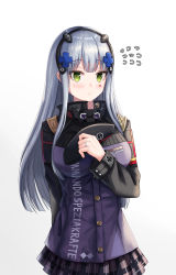 Rule 34 | 1girl, absurdres, arm behind back, beret, blue hair, blush, breasts, closed mouth, cross, girls&#039; frontline, gongbangmanchi (daisy cutter), green eyes, hair ornament, hairband, hand on back, hat, highres, hk416 (girls&#039; frontline), holding, holding clothes, holding hat, iron cross, jewelry, long hair, looking at viewer, medium breasts, ring, skirt, solo, standing, uniform, unworn hat, unworn headwear, white background