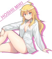Rule 34 | 1girl, ahoge, bad id, bad pixiv id, blonde hair, blush, breasts, character name, cleavage, dress shirt, g.t, green eyes, hoshii miki, idolmaster, idolmaster (classic), legs, long hair, looking at viewer, naked shirt, shirt, simple background, sitting, smile, solo, white background