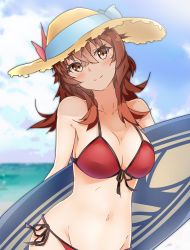 Rule 34 | 1girl, absurdres, alternate breast size, arashi (kancolle), beach, bikini, blush, breasts, brown eyes, cleavage, collarbone, day, fate (series), front-tie bikini top, front-tie top, hair between eyes, halkawa501, halterneck, hat, highres, holding, holding behind back, kantai collection, looking at viewer, medium breasts, medium hair, messy hair, mordred (fate), mordred (fate/apocrypha), mordred (swimsuit rider) (first ascension) (fate), navel, outdoors, red bikini, red hair, side-tie bikini bottom, smile, solo, straw hat, sun hat, surfboard, swimsuit, upper body