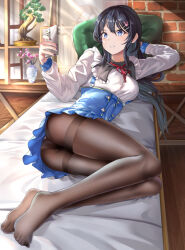 Rule 34 | 1girl, absurdres, arm behind head, ass, bed sheet, black hair, blue eyes, blue skirt, bonsai, breasts, brown pantyhose, cellphone, commentary request, flower, frilled skirt, frills, full body, hair ornament, hairclip, highres, holding, holding phone, indoors, long hair, looking at viewer, lying, medium breasts, mosta (lo1777789), nail polish, neck ribbon, no shoes, on side, pantyhose, phone, pillow, pink flower, purple nails, rabbit hair ornament, red ribbon, ribbon, sakurajima mai, seishun buta yarou, shirt, skirt, smile, solo, thighband pantyhose, vase, very long hair, white shirt