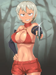 Rule 34 | 1girl, bikini, bikini top only, breasts, brown eyes, cleavage, covered erect nipples, detached sleeves, female focus, fingerless gloves, gloves, grey hair, grin, highres, inochigoi onna touzoku, knife, large breasts, midriff, nimensai, short hair, short shorts, shorts, smile, smirk, solo, standing, swimsuit, weapon, yellow eyes