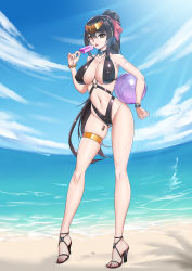 Rule 34 | 1girl, armpit crease, ball, barcode, barcode tattoo, bare shoulders, beach, beachball, bead bracelet, beads, bikini, black bikini, black choker, black hair, blue sky, blunt bangs, bracelet, breasts, bzs (kage no shinobu), chinese commentary, choker, cleavage, cloud, collarbone, commentary request, covered erect nipples, day, food, full body, groin, hair between eyes, hair ribbon, headgear, high heels, highleg, highleg bikini, highres, holding, holding ball, holding food, jewelry, large breasts, long hair, looking at viewer, melting, navel, ocean, original, outdoors, ponytail, popsicle, red ribbon, ribbon, shadow, sidelocks, skindentation, sky, solo, standing, stomach, swimsuit, symbol-shaped pupils, tattoo, thigh strap, tongue, tongue out, watch, wristwatch, yellow eyes, zipper pull tab