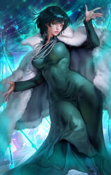 Rule 34 | 1girl, aleriia v, black hair, breasts, coat, dress, fubuki (one-punch man), fur coat, green dress, green eyes, green hair, highres, impossible clothes, impossible dress, large breasts, lips, looking at viewer, one-punch man, short hair, signature, solo, watermark, web address