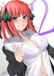 Rule 34 | 1girl, black cardigan, black ribbon, blue eyes, blunt bangs, breasts, butterfly hair ornament, cardigan, cleavage, collared shirt, commentary request, go-toubun no hanayome, hair ornament, hair ribbon, hand up, large breasts, looking at viewer, medium hair, mori heichi, nakano nino, navel, open cardigan, open clothes, parted lips, partially unbuttoned, pink hair, ribbon, shirt, simple background, smile, solo, two side up, w, white shirt