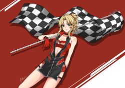 Rule 34 | 1girl, absurdres, arm behind back, bare shoulders, blonde hair, blush, braid, breasts, cleavage, collarbone, commentary, fate/apocrypha, fate (series), flag, gloves, green eyes, hair ornament, hair scrunchie, highres, holding, holding flag, kizuchi r, long hair, looking at viewer, medium breasts, mordred (fate), mordred (fate/apocrypha), ponytail, red gloves, red scrunchie, scrunchie, signature, solo