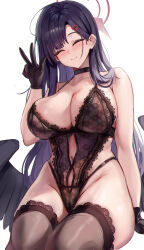 Rule 34 | 1girl, ^ ^, absurdres, alternate costume, black choker, black gloves, black hair, black wings, blue archive, breasts, brown thighhighs, cameltoe, choker, closed eyes, closed mouth, collarbone, commentary, gloves, hair ornament, hair over shoulder, hairclip, halo, highres, ichika (blue archive), large breasts, leotard, lingerie, long hair, low wings, navel, parted bangs, red halo, revision, simple background, smile, solo, stone (ksorede), teddy (lingerie), thighhighs, thighs, underwear, w, white background, wings