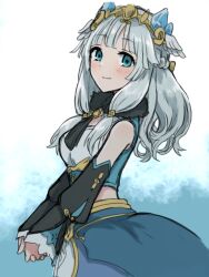 Rule 34 | 1girl, apo 518, bare shoulders, beatrice (rune factory), blue eyes, blush, braid, breasts, closed mouth, crystal, detached sleeves, french braid, fur collar, grey hair, highres, long hair, looking at viewer, medium breasts, rune factory, rune factory 5, smile, solo, tiara