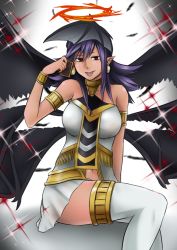 Rule 34 | 1girl, absurdres, armlet, bare shoulders, bracelet, breasts, choker, darklord ixchel, demon girl, demon wings, dress, duel monster, earrings, fang, full body, halo, head wings, highres, jewelry, long hair, looking at viewer, multicolored clothes, multicolored dress, multiple wings, navel, open mouth, pointy ears, purple eyes, purple hair, short dress, smile, solo, stomach, thighhighs, white background, white thighhighs, wings, yu-gi-oh!