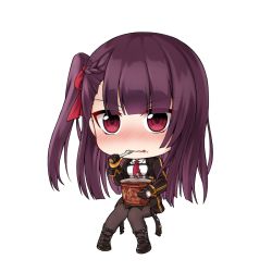 Rule 34 | 1girl, black gloves, black pantyhose, blunt bangs, blush, braid, chibi, chien zero, chocolate, closed mouth, coat, collared shirt, eating, food, food on face, full body, girls&#039; frontline, gloves, hair ribbon, half updo, long hair, long sleeves, looking at viewer, nose blush, one side up, open clothes, open coat, pantyhose, purple eyes, purple hair, purple ribbon, red neckwear, ribbon, shirt, sidelocks, simple background, sitting, solo, transparent background, tsurime, wa2000 (girls&#039; frontline), white shirt