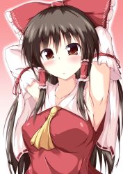 Rule 34 | 1girl, armpits, arms behind head, arms up, ascot, between breasts, black hair, blush, bow, breasts, brown eyes, collarbone, detached sleeves, fookun, gradient background, hair bow, hair tubes, hakurei reimu, highres, large breasts, long hair, long sleeves, looking at viewer, naba (take tonbo), red eyes, ribbon, solo, touhou, upper body, very long hair, white background, wide sleeves