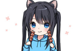 Rule 34 | 1girl, animal ears, bad source, black hair, blue eyes, blue shirt, blush, cat ears, chibi, closed mouth, dog girl, dot nose, eating, food, hair between eyes, long hair, long sleeves, looking at viewer, lowres, original, shirt, simple background, smile, solo, twintails, umi (anz32), upper body, white background, yumoran
